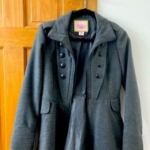 Pink envelope, size medium, peplum coat, charcoal